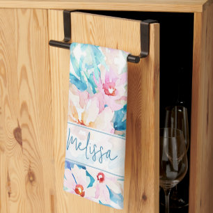 Pink and blue watercolor floral personalised tea towel