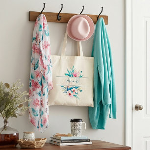 Pink and blue watercolor floral personalised tote bag