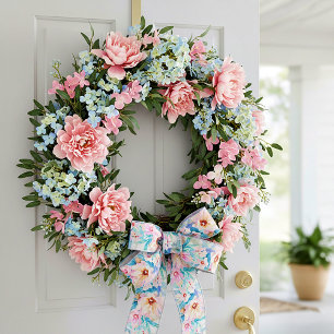 Pink and blue watercolor floral satin ribbon