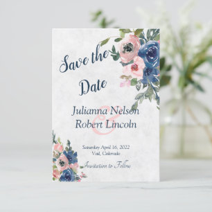 Pink and blue watercolor floral save the date invi invitation