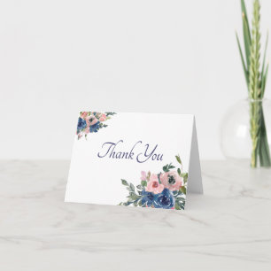 Pink and blue watercolor floral thank you card