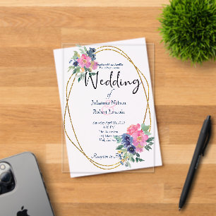 Pink and blue watercolor floral wedding  acrylic invitations