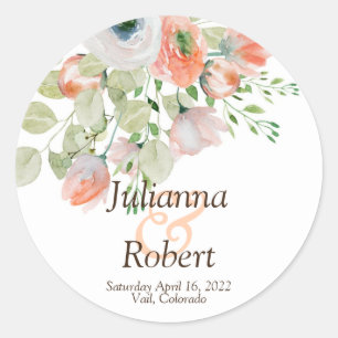 Pink and blue watercolor floral  wedding classic r round sticker