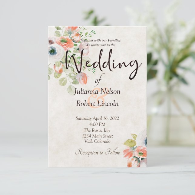 Pink and blue watercolor floral wedding invitation (Standing Front)