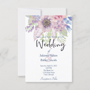 Pink and blue watercolor floral wedding invitation