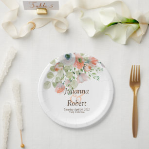 Pink and blue watercolor floral  wedding paper pla plate