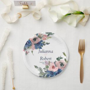 Pink and blue watercolor floral  wedding paper pla plate