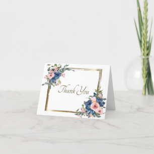 Pink and blue watercolor floral with gold frame th thank you card