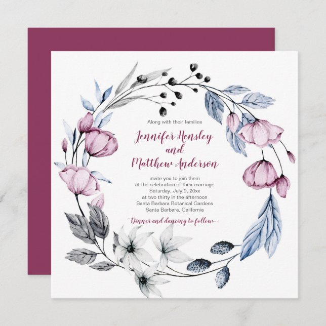 Pink and Blue Watercolor Floral Wreath Wedding | Invitation (Front/Back)