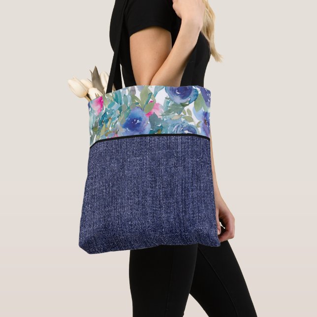 Pink and blue watercolor flowers and denim tote bag (Close Up)
