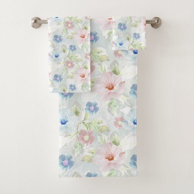 Pink and blue watercolor flowers. bath towel set (Insitu)