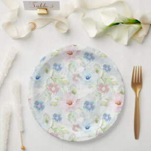 Pink and blue watercolor flowers. paper plate