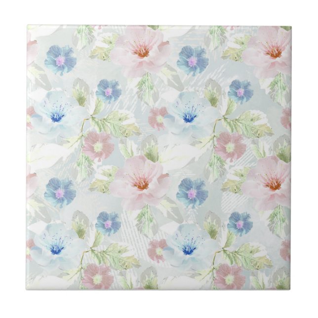 Pink and blue watercolor flowers.  tile (Front)