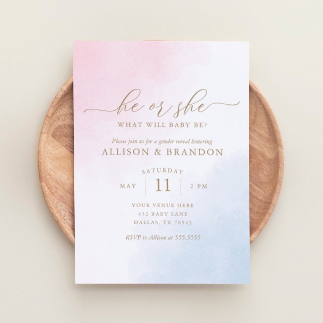 Pink and Blue Watercolor Gender Reveal Invitation (Creator Uploaded)