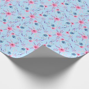 Pink and Blue Watercolor Roses Pattern Wrapping Pa Paper