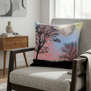 Pink And Blue Watercolor Sky Trees And Moon Cushion
