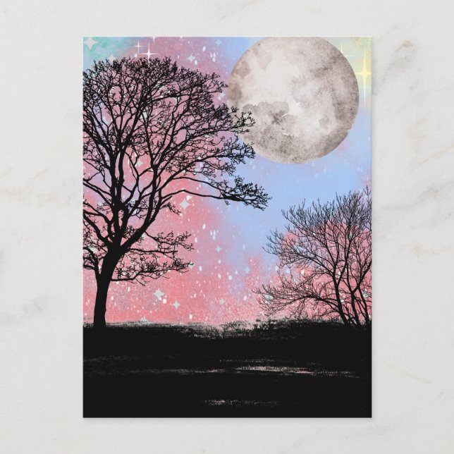 Pink And Blue Watercolor Sky Trees And Moon Postcard (Front)