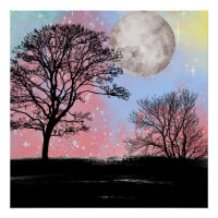 Pink And Blue Watercolor Sky Trees And Moon