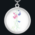 Pink and Blue Watercolor Sweet Peas on White Silver Plated Necklace<br><div class="desc">A pretty wedding gift for your bridesmaids to thank them for making your special day perfect. This silver-plated pendant necklace matches your wedding stationery and is from a watercolour painting by Judy Adamson.</div>