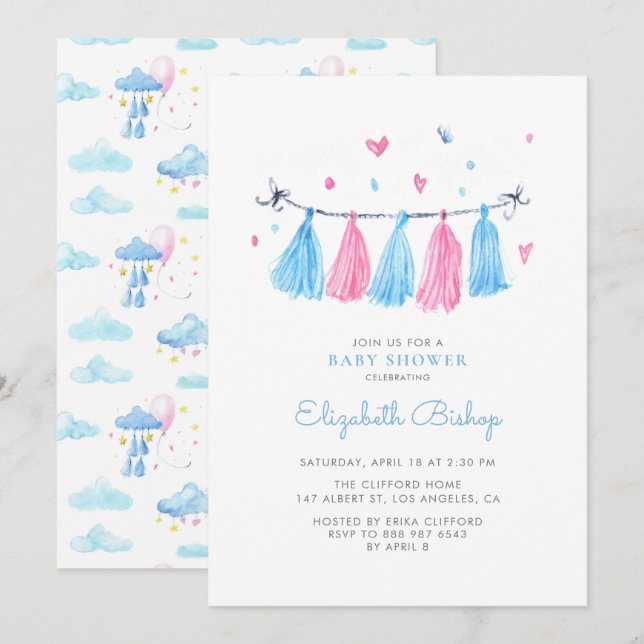 Pink and Blue Watercolor Tassels Baby Shower Invitation (Front/Back)