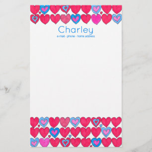 Pink and blue watercolour hearts personalised stationery