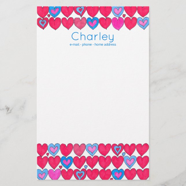 Pink and blue watercolour hearts personalised stationery (Front)