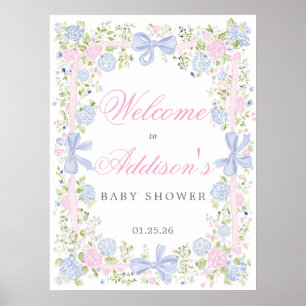 Pink and Blue Welcome Sign, Vintage Floral Welcome Poster