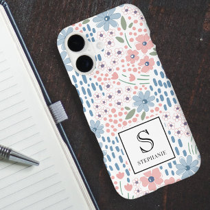 Pink and Blue Whimsical Flowers Pattern Monogram