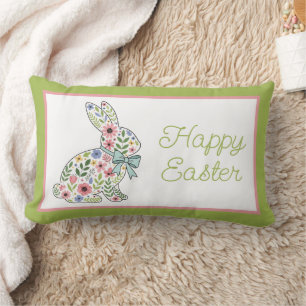 Pink and Blue Wildflower Easter Rabbit Lumbar Cushion