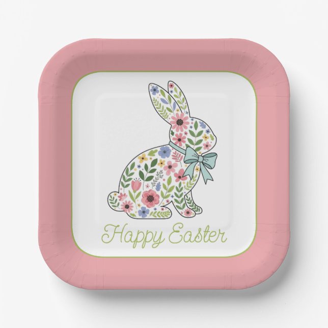 Pink and Blue Wildflower Easter Rabbit Paper Plate (Front)