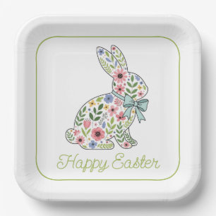 Pink and Blue Wildflower Easter Rabbit Paper Plate