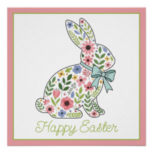 Pink and Blue Wildflower Easter Rabbit Poster