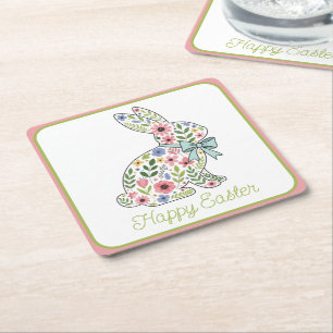 Pink and Blue Wildflower Easter Rabbit Square Paper Coaster