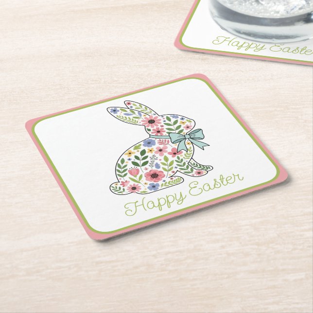 Pink and Blue Wildflower Easter Rabbit Square Paper Coaster (Angled)