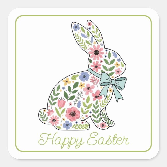 Pink and Blue Wildflower Easter Rabbit Square Sticker (Front)