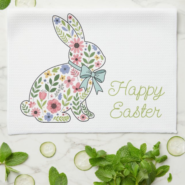 Pink and Blue Wildflower Easter Rabbit Tea Towel (Folded)
