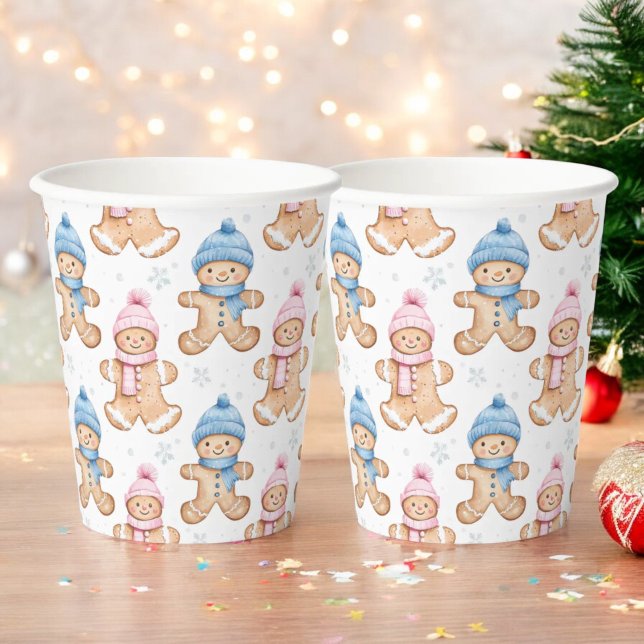 Pink and Blue Winter Gingerbread Gender Reveal Paper Cups (Creator Uploaded)