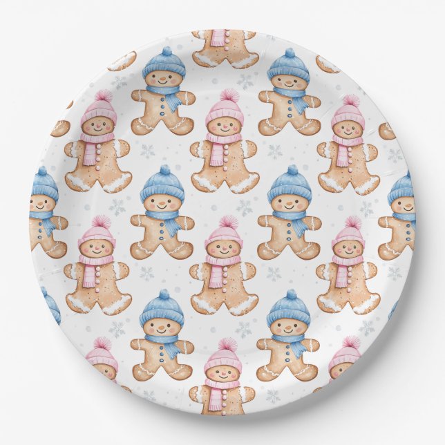 Pink and Blue Winter Gingerbread Gender Reveal Paper Plate (Front)