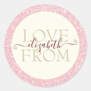 Pink and Blush Glitter Love From Name Custom Classic Round Sticker