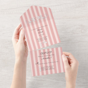 Pink and Blush Striped Modern Wedding All In One Invitation