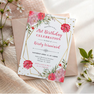 Pink and Blush Summer Flowers Gold Frame Birthday Invitation