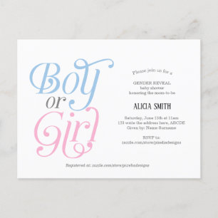 Pink and Boy, Modern, Boy or Girl, Gender Reveal Invitation Postcard