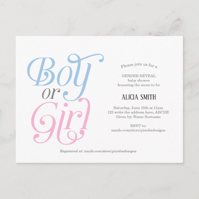 Pink and Boy, Modern, Boy or Girl, Gender Reveal Invitation Postcard (Front)