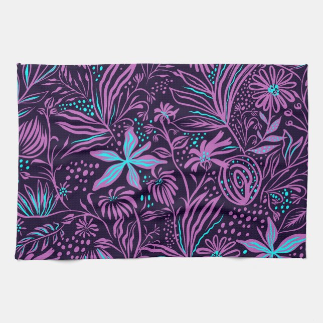 Pink And Bright Blue Flowers Tea Towel (Horizontal)