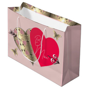 Pink and Bronze Rose Heart Valentine's Day  Large Gift Bag