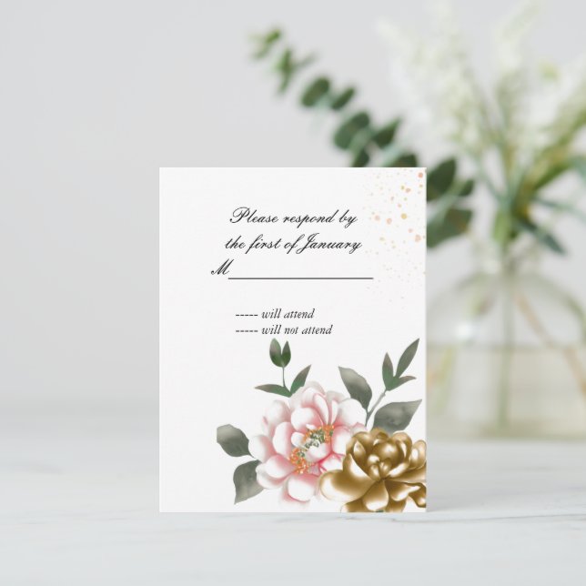 Pink and Bronze Watercolor Peony Reply Card (Standing Front)