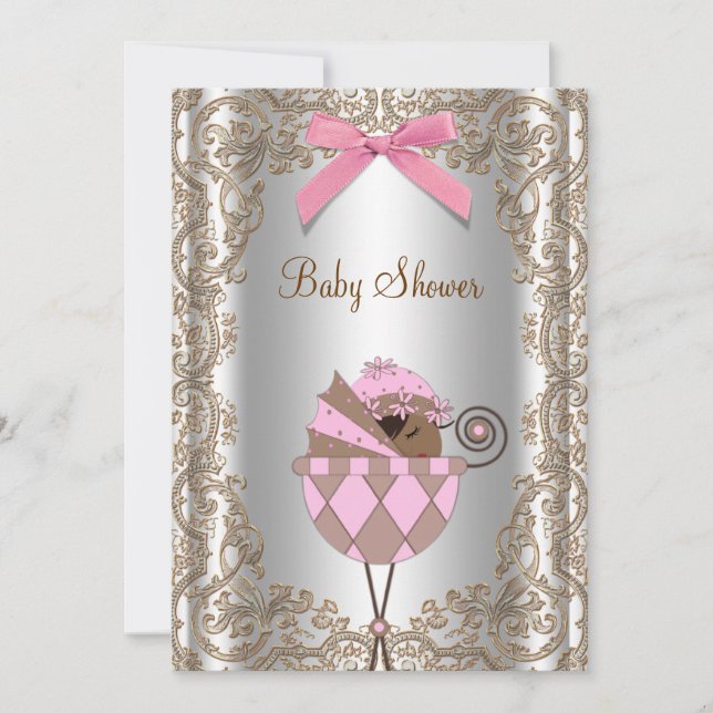 Pink and Brown African American Girl Baby Shower Invitation (Front)