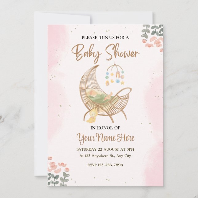 Pink and brown baby shower invitation Girl (Front)