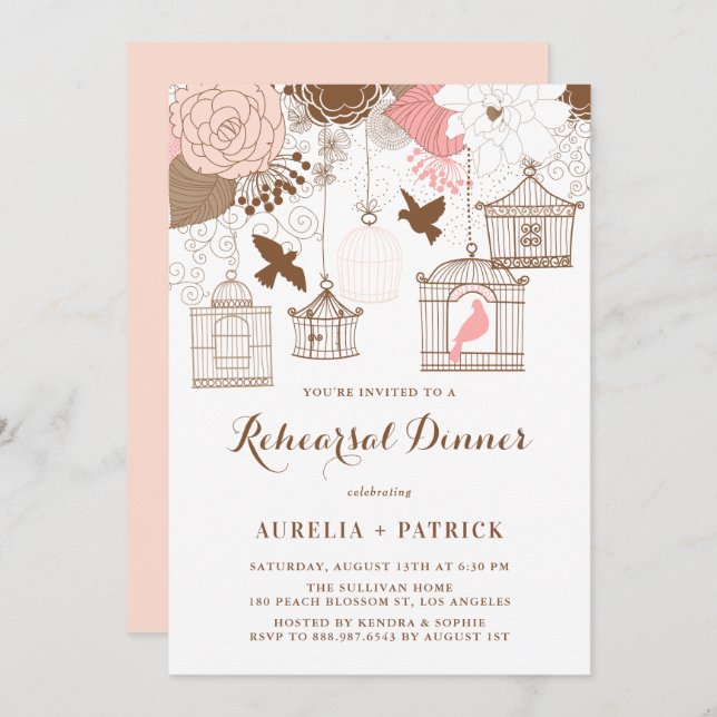 Pink and Brown Birdcages Rehearsal Dinner Invitation (Front/Back)