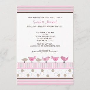 Pink and Brown Birds Girl Baby Shower Invite